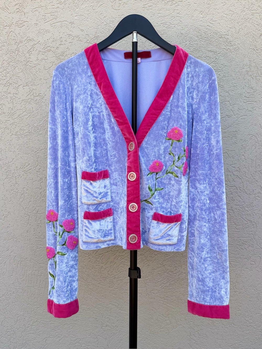 VTG Voyage Passion Lavender Crushed Velvet Cardigan Jacket Beaded Embroidered L